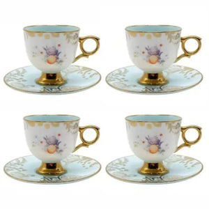 Jogo 4 Xícaras de Café com Pires New Bone China Madeleine Azul Borda Dourada 90ml L'Hermitage