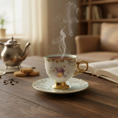 Jogo 4 Xícaras de Chá com Pires New Bone China Madeleine Azul Borda Dourada 200ml L'Hermitage