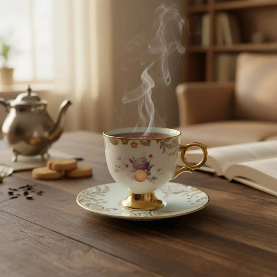 Jogo 4 Xícaras de Chá com Pires New Bone China Madeleine Azul Borda Dourada 200ml L'Hermitage
