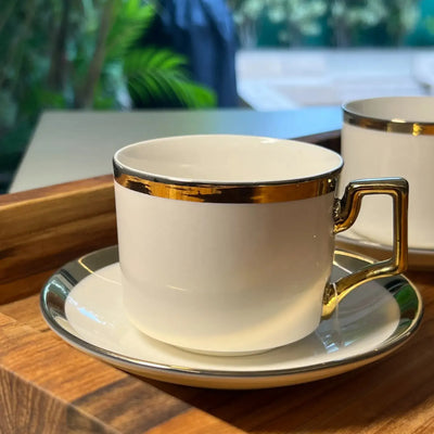 Jogo 4 Xícaras de Chá com Pires Porcelana Borda Dourada Olimpo 200ml L'Hermitage