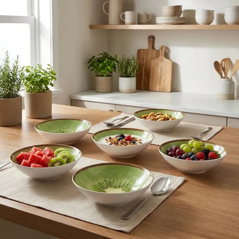 Jogo 6 Bowls Cerâmica Decorado Kiwi 300ml Alleanza