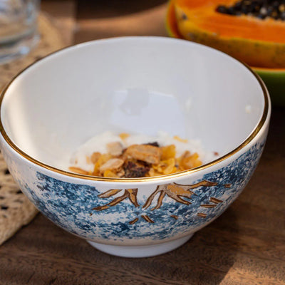 Jogo 6 Bowls Cerâmica Ypê Azul com Filete de Ouro 450ml 7cm Scalla