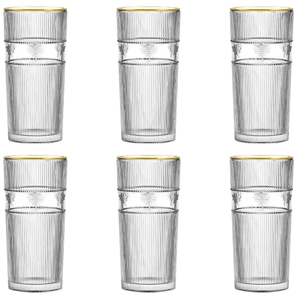 Jogo 6 Copos Altos em Vidro Gold Rim Libélula 350ml L'Hermitage