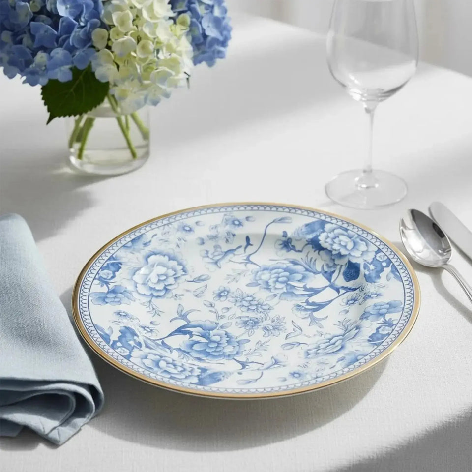 Jogo 6 Pratos Fundo Cerâmica Chinese Blue Filete Ouro 25cm Alleanza