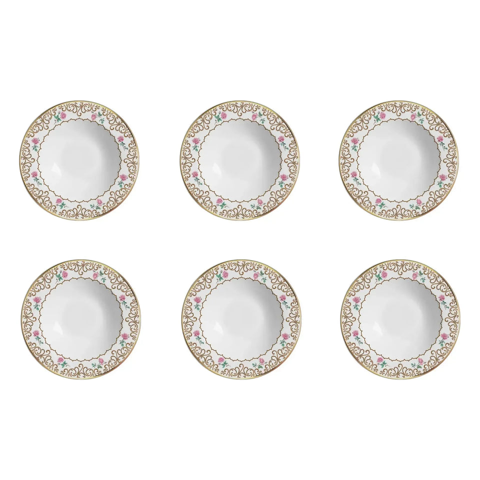 Jogo 6 Pratos Fundo Cerâmica Sweet Bird Filete Ouro 25cm Alleanza