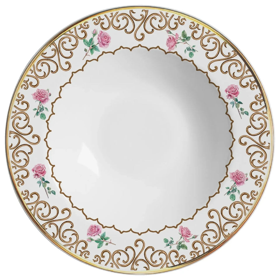 Jogo 6 Pratos Fundo Cerâmica Sweet Bird Filete Ouro 25cm Alleanza