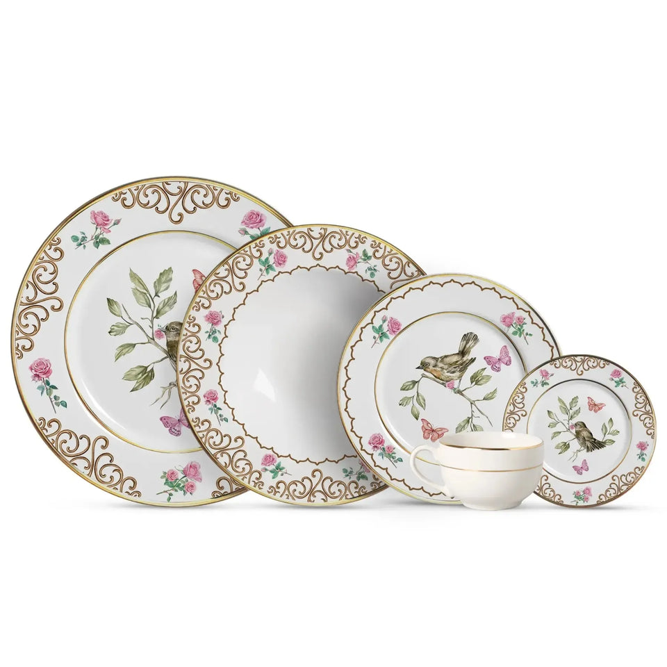 Jogo 6 Pratos Fundo Cerâmica Sweet Bird Filete Ouro 25cm Alleanza