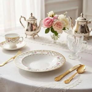 Jogo 6 Pratos Fundo Cerâmica Sweet Bird Filete Ouro 25cm Alleanza