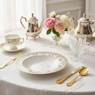 Jogo 6 Pratos Fundo Cerâmica Sweet Bird Filete Ouro 25cm Alleanza