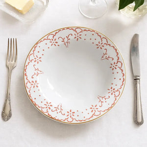 Jogo 6 Pratos Fundos Cerâmica Arabesco Rosa 22cm Scalla