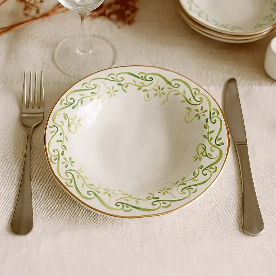 Jogo 6 Pratos Fundos Cerâmica Arabesco Verde 22cm Scalla