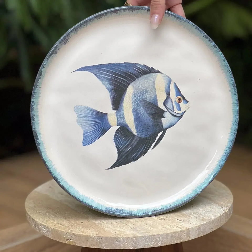 Jogo 6 Pratos Raso Atlântica Cerâmica Peixe Azul / Amarelo e Concha 28cm Scalla