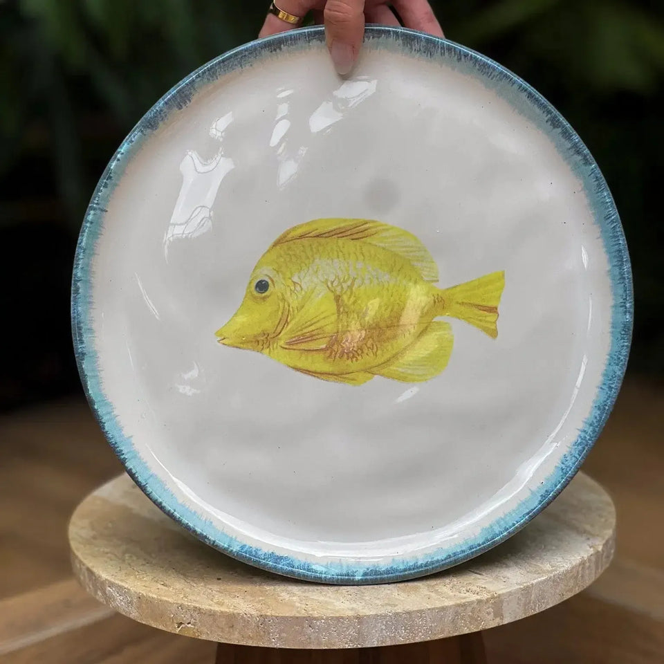 Jogo 6 Pratos Raso Atlântica Cerâmica Peixe Azul / Amarelo e Concha 28cm Scalla