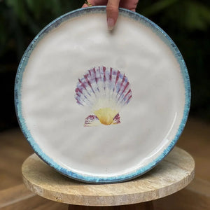 Jogo 6 Pratos Raso Atlântica Cerâmica Peixe Azul / Amarelo e Concha 28cm Scalla