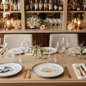 Jogo 6 Pratos Raso Atlântica Cerâmica Peixe Azul / Amarelo e Concha 28cm Scalla