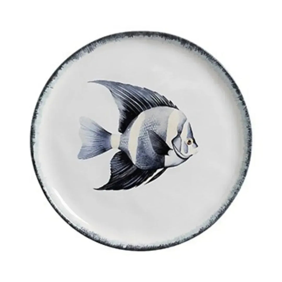 Jogo 6 Pratos Raso Atlântica Cerâmica Peixe Azul / Amarelo e Concha 28cm Scalla