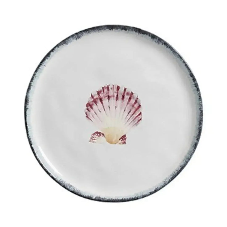 Jogo 6 Pratos Raso Atlântica Cerâmica Peixe Azul / Amarelo e Concha 28cm Scalla