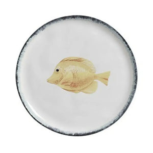 Jogo 6 Pratos Raso Atlântica Cerâmica Peixe Azul / Amarelo e Concha 28cm Scalla