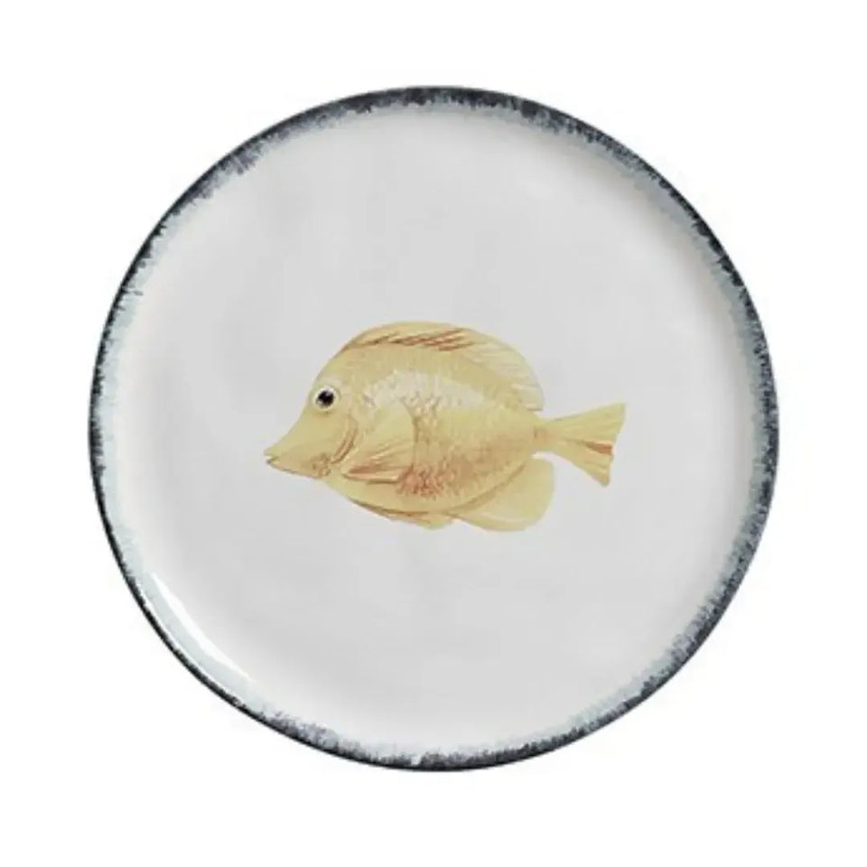 Jogo 6 Pratos Raso Atlântica Cerâmica Peixe Azul / Amarelo e Concha 28cm Scalla