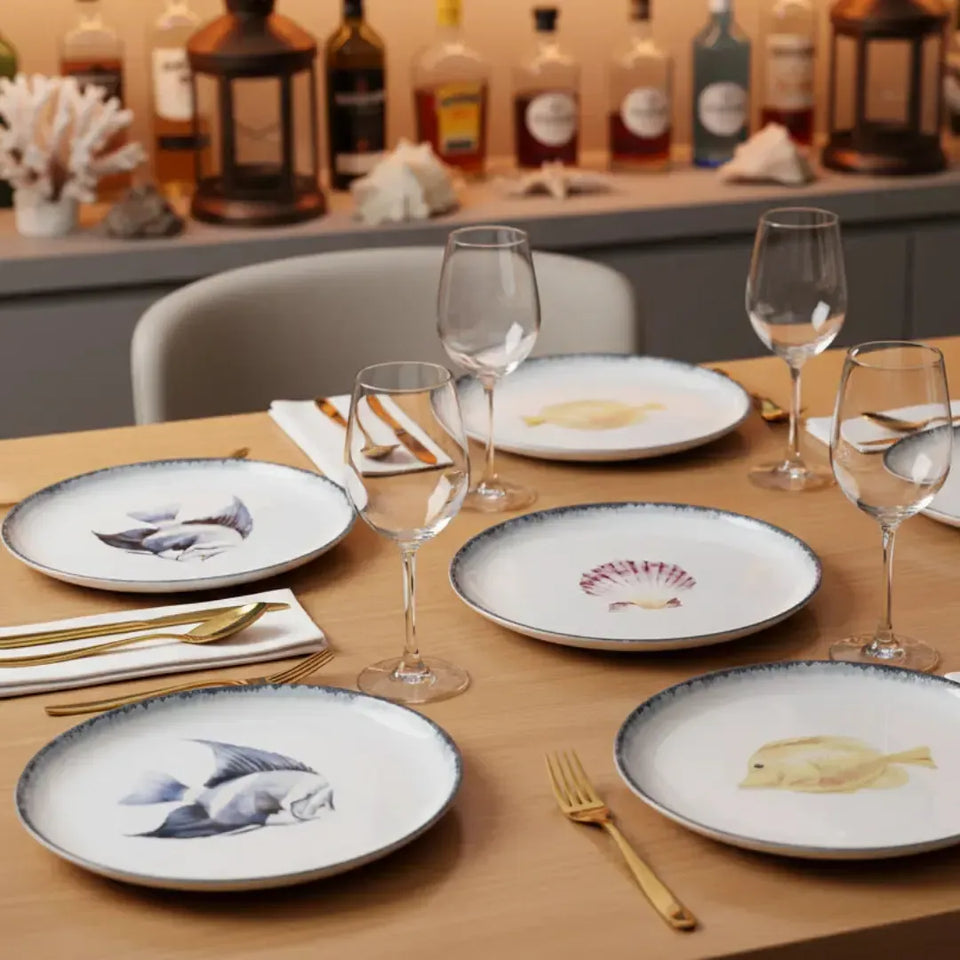 Jogo 6 Pratos Raso Atlântica Cerâmica Peixe Azul / Amarelo e Concha 28cm Scalla