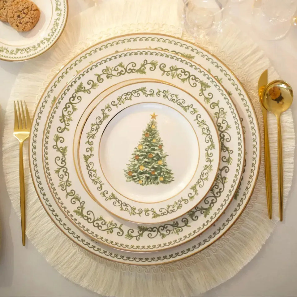 Jogo 6 Pratos Raso Cerâmica Classic Christmas Filete Dourado 29cm Alleanza
