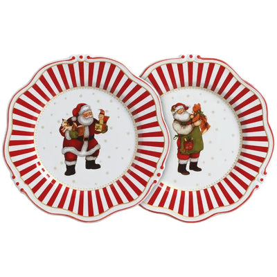 Jogo 6 Pratos Raso Cerâmica Vermelho Filete Dourado Christmas Charm 28cm Scalla
