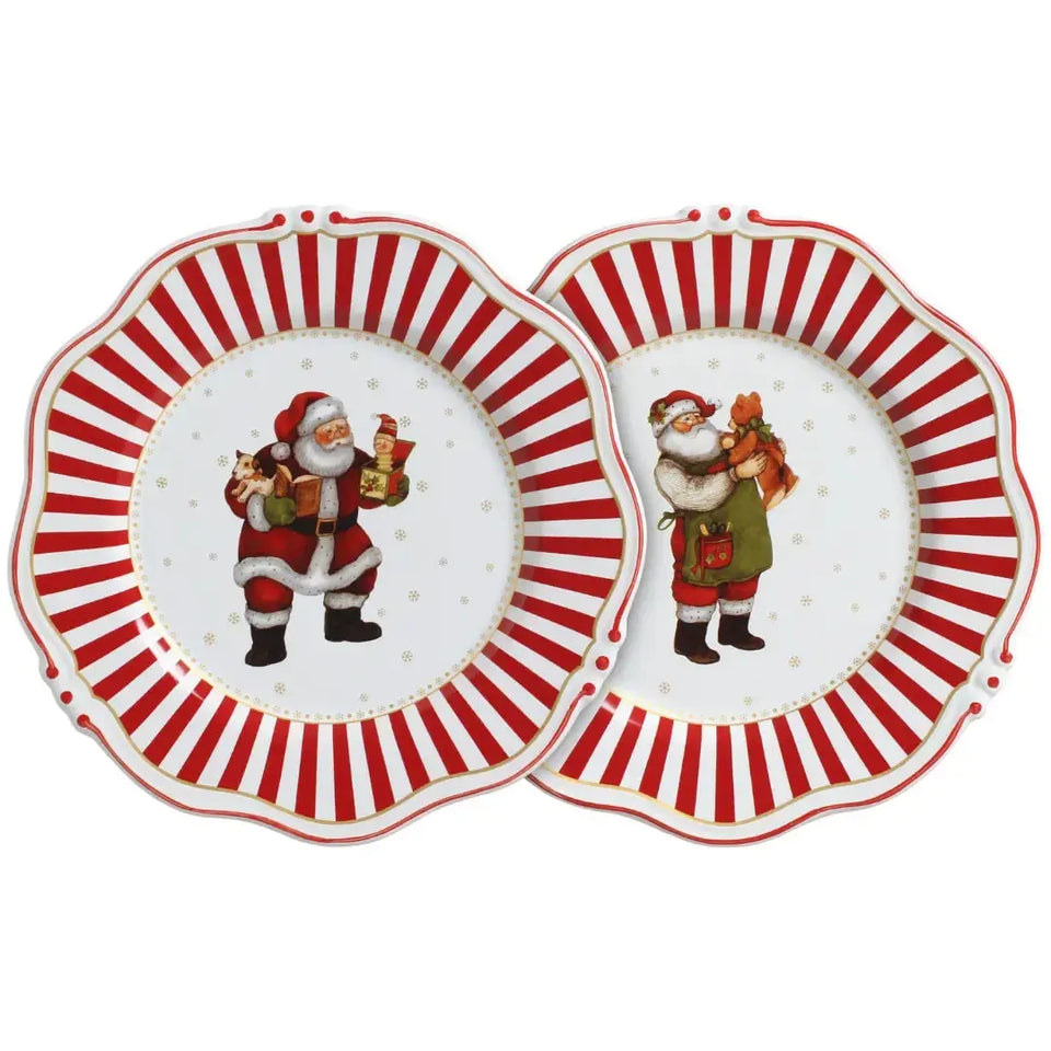 Jogo 6 Pratos Raso Cerâmica Vermelho Filete Dourado Christmas Charm 28cm Scalla