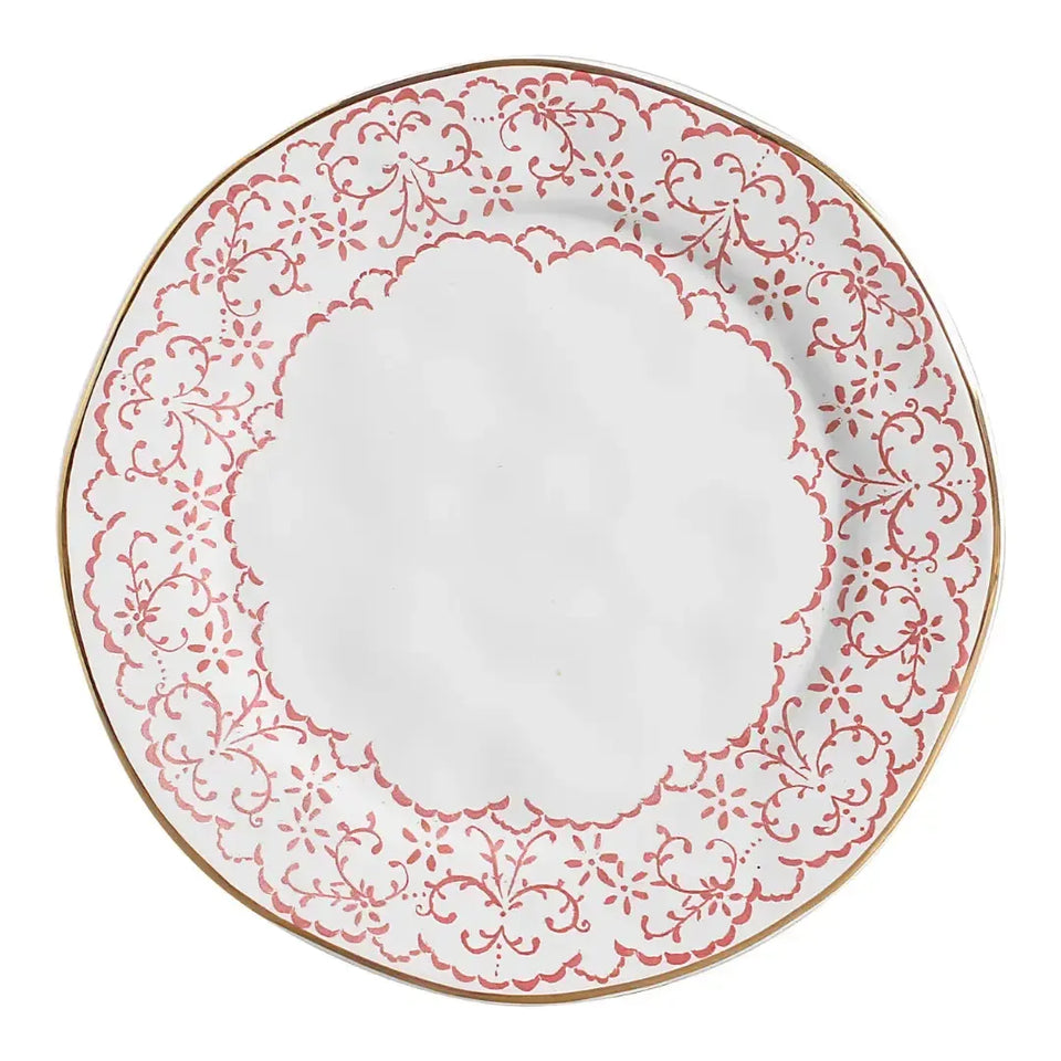 Jogo 6 Pratos Rasos Cerâmica Arabesco Rosa 28cm Scalla