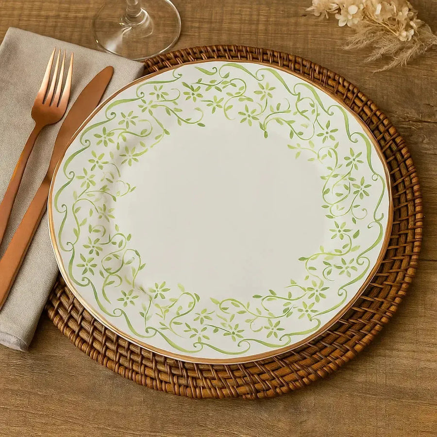 Jogo 6 Pratos Rasos Cerâmica Arabesco Verde 28cm Scalla