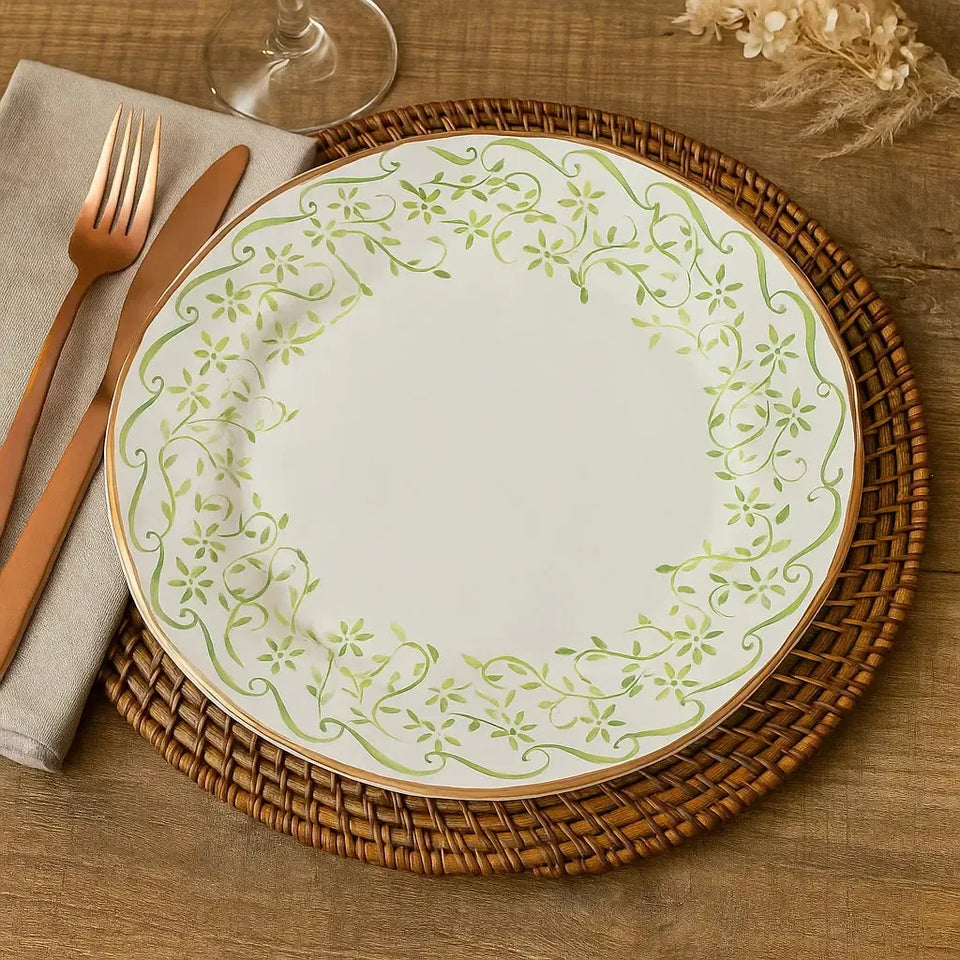 Jogo 6 Pratos Rasos Cerâmica Arabesco Verde 28cm Scalla