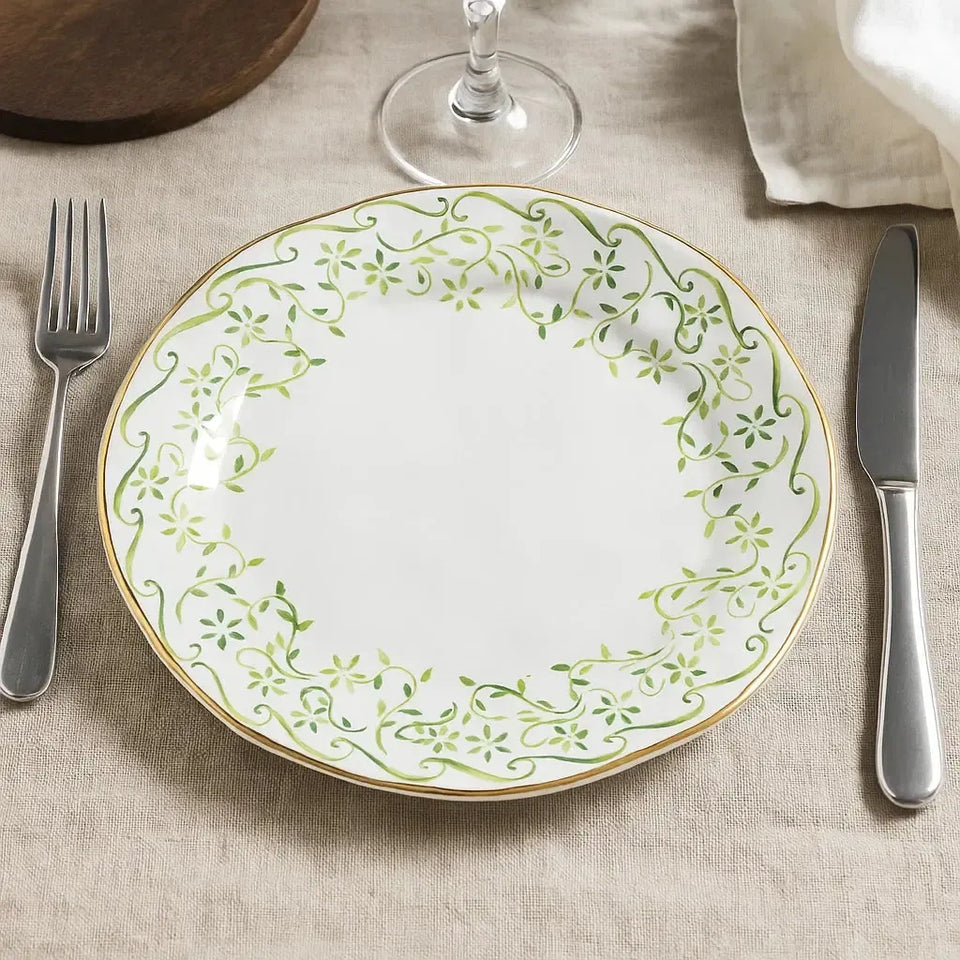 Jogo 6 Pratos Rasos Cerâmica Arabesco Verde 28cm Scalla