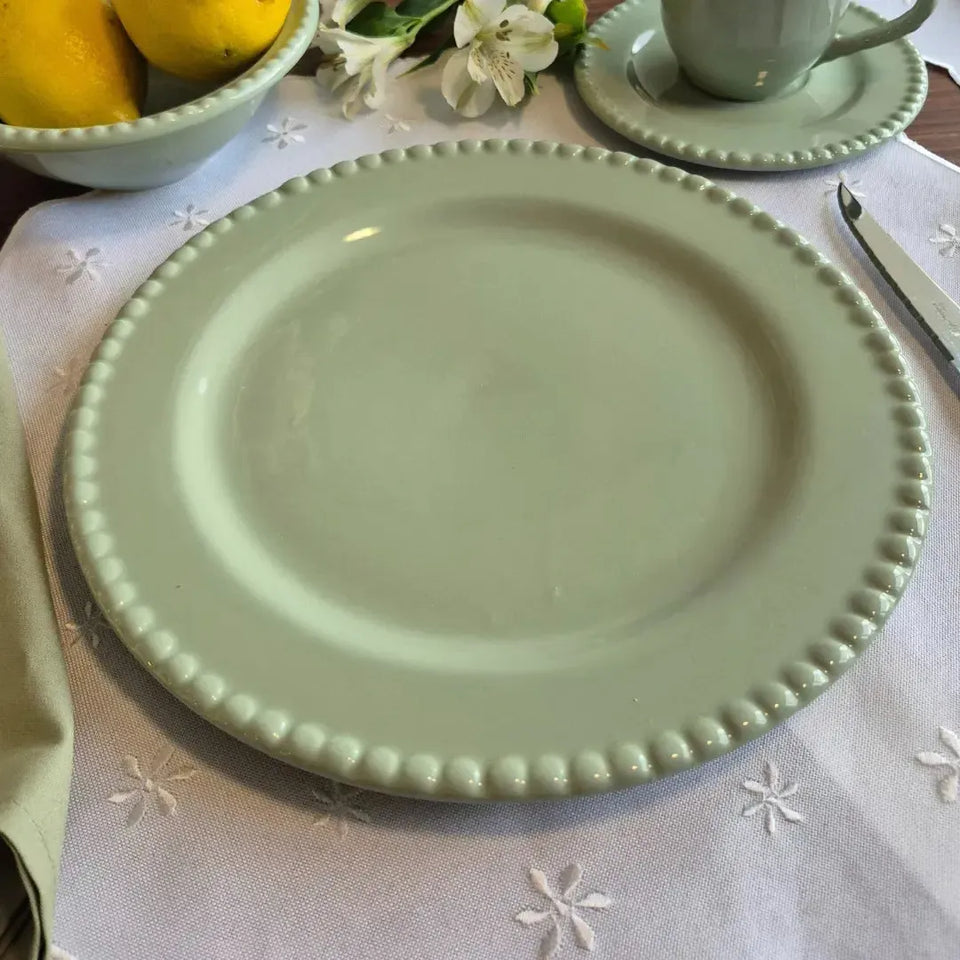 Jogo 6 Pratos Rasos Cerâmica Bolinha Verde 27,5cm Scalla
