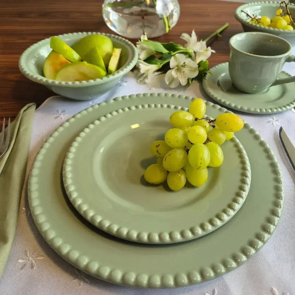 Jogo 6 Pratos Rasos Cerâmica Bolinha Verde 27,5cm Scalla