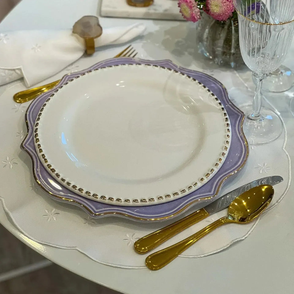 Jogo 6 Pratos Rasos Cerâmica Brasilis Branco com Filete de Ouro 27,5cm Scalla