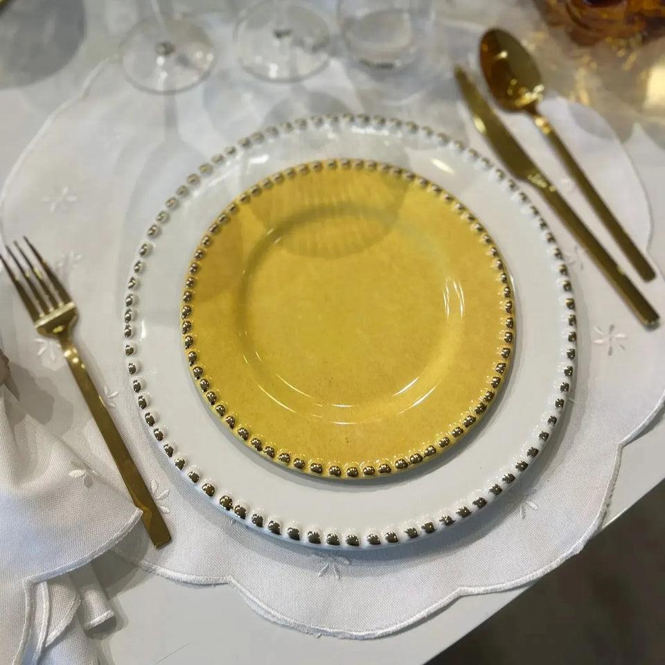 Jogo 6 Pratos Rasos Cerâmica Brasilis Branco com Filete de Ouro 27,5cm Scalla