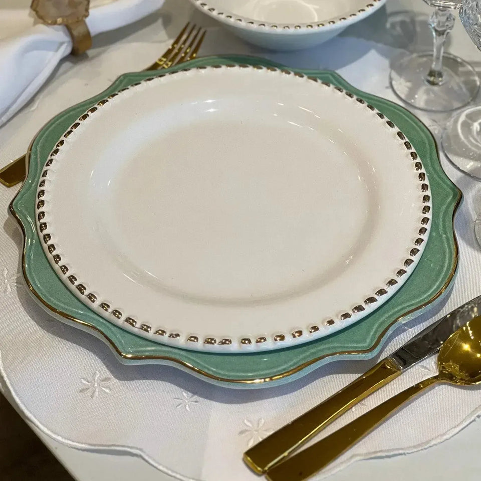 Jogo 6 Pratos Rasos Cerâmica Brasilis Branco com Filete de Ouro 27,5cm Scalla