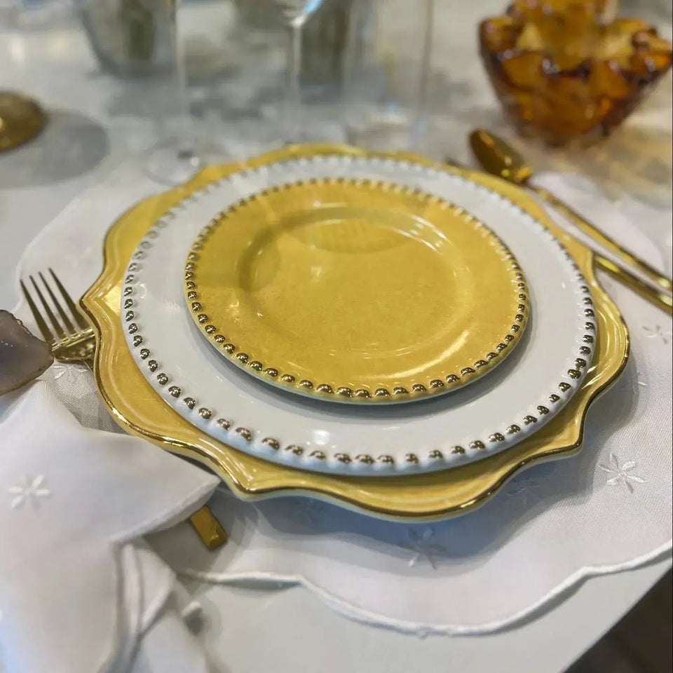 Jogo 6 Pratos Rasos Cerâmica Brasilis Branco com Filete de Ouro 27,5cm Scalla