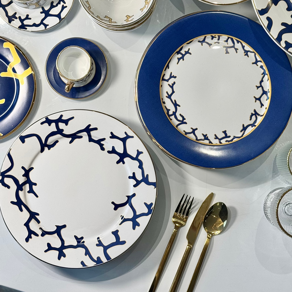 Jogo 6 Pratos Rasos Cerâmica Coral Blue (Azul e Branco com Azul) 27cm Scalla