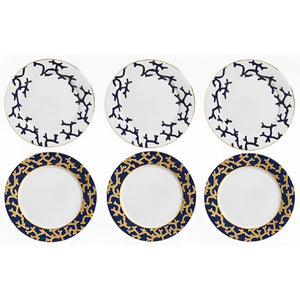 Jogo 6 Pratos Rasos Cerâmica Coral Blue (Branco com Azul e Azul com Amarelo) 27cm Scalla