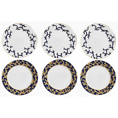 Jogo 6 Pratos Rasos Cerâmica Coral Blue (Branco com Azul e Azul com Amarelo) 27cm Scalla