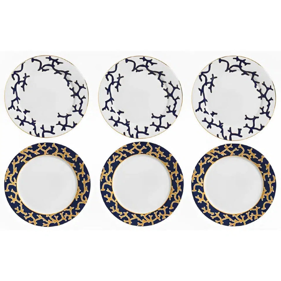 Jogo 6 Pratos Rasos Cerâmica Coral Blue (Branco com Azul e Azul com Amarelo) 27cm Scalla