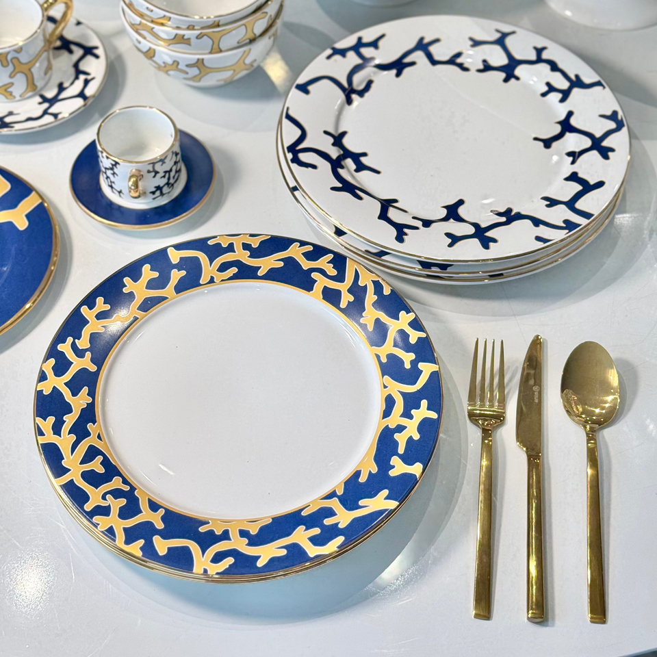 Jogo 6 Pratos Rasos Cerâmica Coral Blue (Branco com Azul e Azul com Amarelo) 27cm Scalla