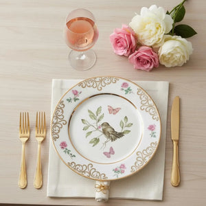 Jogo 6 Pratos Rasos Cerâmica Sweet Bird Filete Ouro 29cm Alleanza