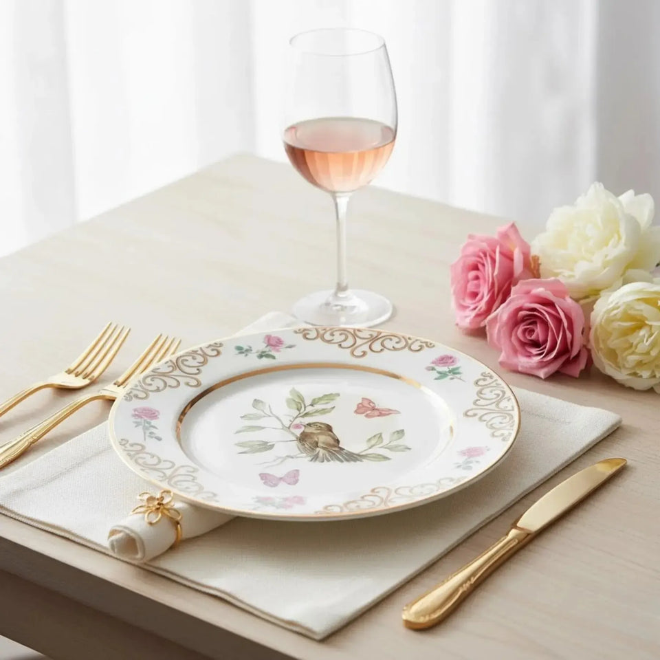 Jogo 6 Pratos Rasos Cerâmica Sweet Bird Filete Ouro 29cm Alleanza