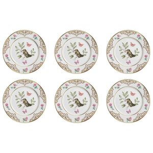 Jogo 6 Pratos Rasos Cerâmica Sweet Bird Filete Ouro 29cm Alleanza
