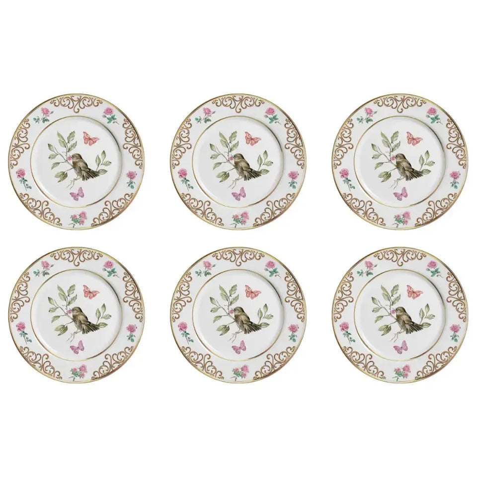 Jogo 6 Pratos Rasos Cerâmica Sweet Bird Filete Ouro 29cm Alleanza
