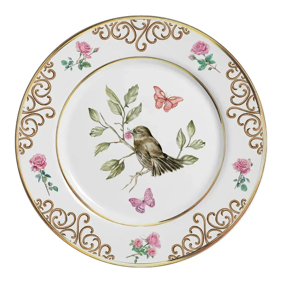 Jogo 6 Pratos Rasos Cerâmica Sweet Bird Filete Ouro 29cm Alleanza