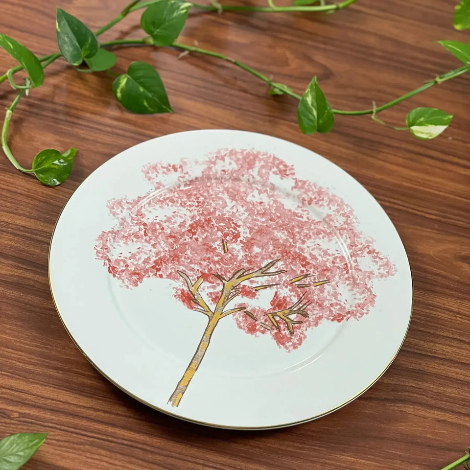 Jogo 6 Pratos Rasos Cerâmica Ypê Colorido com Filete de Ouro 28cm Scalla