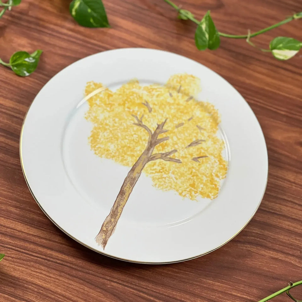 Jogo 6 Pratos Rasos Cerâmica Ypê Colorido com Filete de Ouro 28cm Scalla