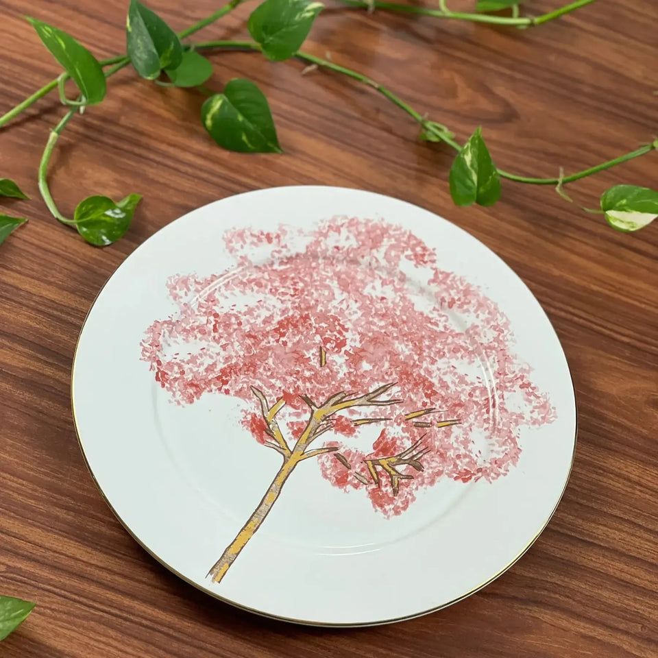 Jogo 6 Pratos Rasos Cerâmica Ypê Colorido com Filete de Ouro 28cm Scalla